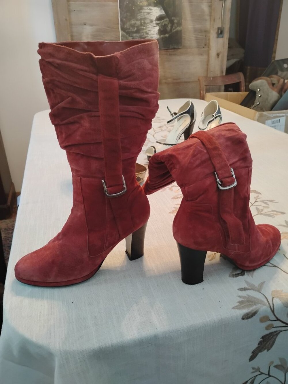 Red suede leather 2-in heeled boots